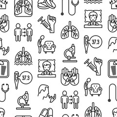 Tuberculosis seamless pattern with thin line icons: infection in lungs, x-ray image, dry cough, pain in chest and shoulders, Mantoux test, weight loss. Modern vector illustration.