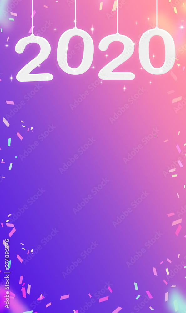 Poster 2020 happy new year and confetti hanging at pink gradient purple studio room,hoilday greeting card,v