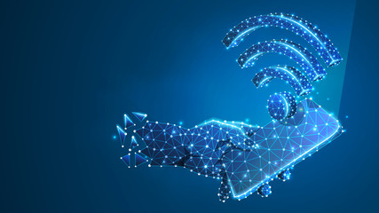 Phone in a hand with Wi-Fi symbol on mobile screen. Internet connection concept. Abstract, digital, wireframe, low poly mesh, polygonal vector blue neon 3d illustration. Triangle, line
