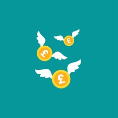 Gold pound sterling coins with white wings. Flat blue background. Flying money.