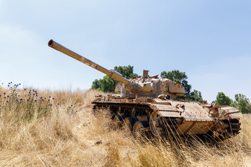 Destroyed  Israeli tank is after the Doomsday (Yom Kippur War) on the Golan Heights in Israel, near...