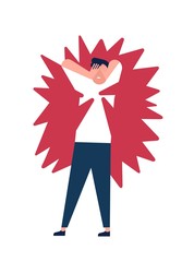 Young man suffering from mental pain, distress, anxiety. Unhappy guy under pressure of stress, anger, fury and rage or overload by psychological problem. Flat cartoon colorful vector illustration.