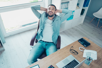 Close up photo handsome he him his macho guy free minute hands arms behind head napping resting...