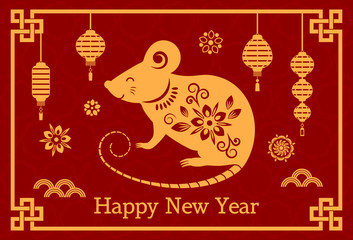 Greeting card with Chinese new year 2020 white rat on the astrological calendar. flat vector