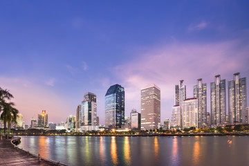 Cityscape lake and building sunset, bangkok Thailand