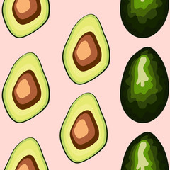 Avocado seamless pattern on background. Whole and cut avocado