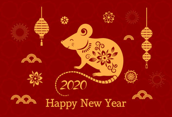 Greeting card with Chinese new year 2020 white rat on the astrological calendar. flat vector