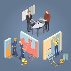 Construction or home repairs concept. Isometric Workers, tools. Vector.