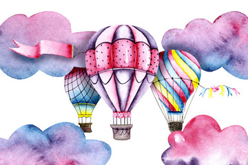 Watercolor colorful air balloons with clouds and flags. Colorful illustration isolated on white. Hand painted airships perfect for children's wallpaper, fabric textile, interior design, card making © Vola Tsiukhai