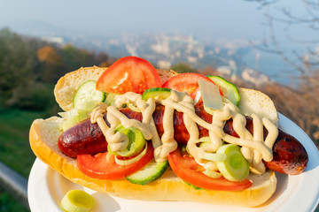 Close up shot of a sausage sandwich with salad and tomato