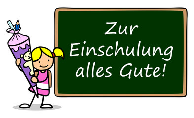 M&auml;dchen mit Schult&uuml;te vor Tafel zur Einschulung