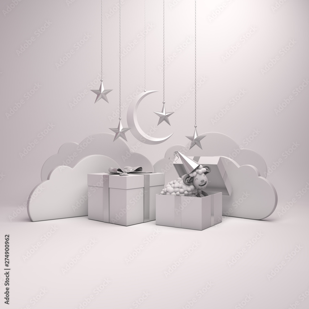 Wall mural gift box, sheep, crescent moon, star on studio lighting white background. design creative concept of