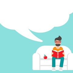 man with red book siting on sofa with apple and big speech bubble. creative student.