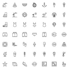 Summer vacation line icons set. linear style symbols collection, outline signs pack. vector graphics. Set includes icons as Plane and luggage, Island travel, Pass document, Swimwear, Seashell, Palm