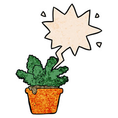 cartoon house plant and speech bubble in retro texture style