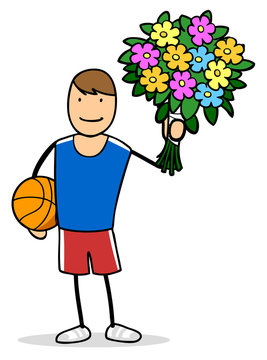 Gl&uuml;cklicher Mann als Basketballer h&auml;lt Blumenstrau&szlig;