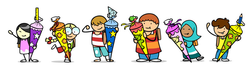 Kinder bei Einschulung mit Schultüte am Schulanfang