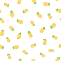 Kid's seamless pattern. Smiling pineapple. Exotic fruit fashion print. Design elements for baby textile or clothes. Hand drawn doodle repeating delicacies. Cute tropical wallpaper for children