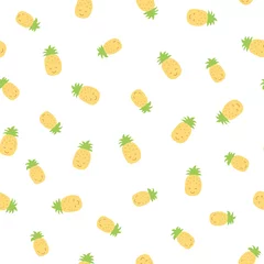 Photo sur Plexiglas Environnement naturel Modèle sans couture de l& 39 enfant. Ananas souriant. Imprimé mode fruits exotiques. Éléments de conception pour le textile ou les vêtements pour bébés. Griffonnage dessiné à la main répétant les délices. Joli fond d& 39 écran tropical pour enfants