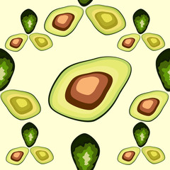 Avocado seamless pattern. Whole and sliced avocado