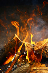 Close up view on a fire above burning woods in a firepit
