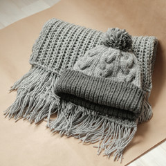 Close shot of cold weather winter handmade knitting clothes