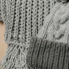 Fototapeta na wymiar Close shot of cold weather winter handmade knitting clothes