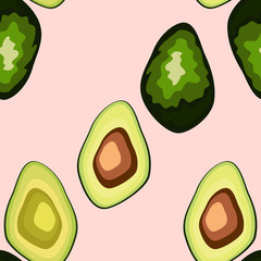 Avocado seamless pattern on background. Whole and cut avocado