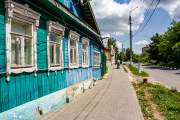 Fototapeta na wymiar Borovsk, Russia - June 2019: Low-rise buildings of the city of Borovsk, Mira Street