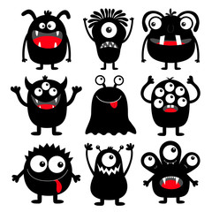 Monster black round silhouette icon set. Eyes, tongue, tooth fang, hands up. Cute cartoon kawaii scary funny baby character. Happy Halloween. White background. Flat design.