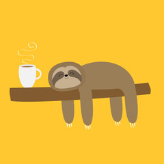 Sloth sleeping on tree branch. I love coffee cup drink. Cute lazy cartoon kawaii funny character.Slow down. Wild joungle animal collection. Isolated. Yellow background. Flat design.