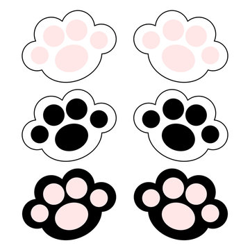 Cat paw print leg foot icon set with pink and black pads. Cute cartoon kawaii funny character body part line silhouette. Flat design. Baby pet collection. White background. Isolated.