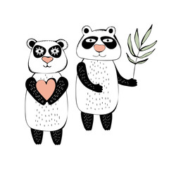 Panda in a cute children's style. Drawing hands. Loving couple. Happy Panda smiles and holds a heart and eucalyptus. Vector isolated illustration on a white background.
