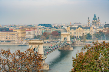 Fototapeta na wymiar Afternoon aerial view of the famous Széchenyi Chain Bridge