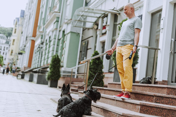 Smiling pets owner staying on steps with two black scotch terriers