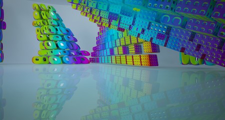 Abstract dynamic interior with black and colored gradient smooth objects. 3D illustration and rendering