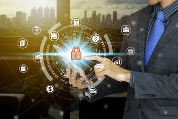 Businessman use tablet with padlock icon technology, Cyber Security Data Protection.