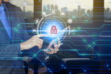 Businessman use tablet with padlock icon technology, Cyber Security Data Protection.