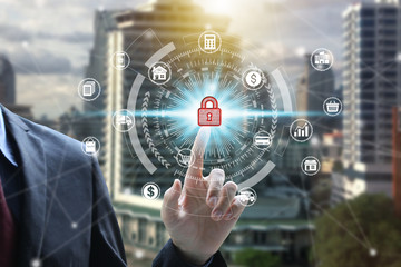 Businessman use tablet with padlock icon technology, Cyber Security Data Protection.
