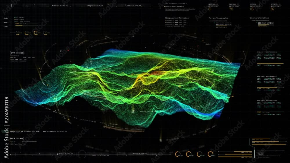 Aufkleber Futuristic Holographic Terrain environment, geomorphology, topography and digital data telemetry information display motion graphic user interface head up display screen