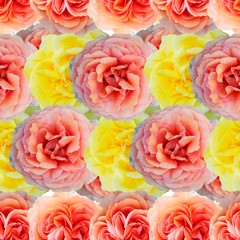 Cute beautiful salmon, pink and yellow roses. Seamless floral photo background. Digital mixed media artwork for wrapping paper, wallpaper design, textile, fabric, apparel.