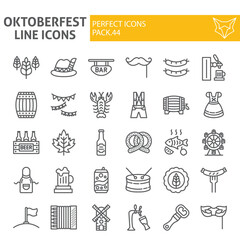 Oktoberfest line icon set, bavarian holiday symbols collection, vector sketches, logo illustrations, beer signs linear pictograms package isolated on white background.