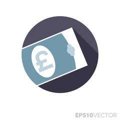 Pound Sterling bill flat design long shadow color vector icon