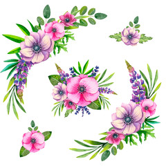 Set of floral arrangements for wedding decor, invitations, greetings, postcards. Watercolor painted flowers anemone, lupine and leaves. Collection in pink tones. Isolated object on white background.