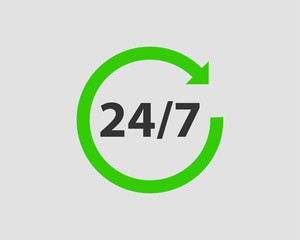 24/7 icon vector. 24 hour service clock.