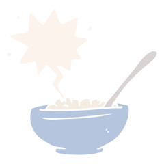 cartoon bowl of rice and speech bubble in retro style