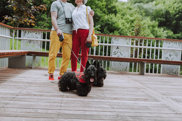 Happy adult couple standing with two scotch terriers in square