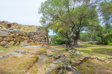 Fototapeta na wymiar Nuraghe ruins in the landscape of Sardinia in sunlight in spring