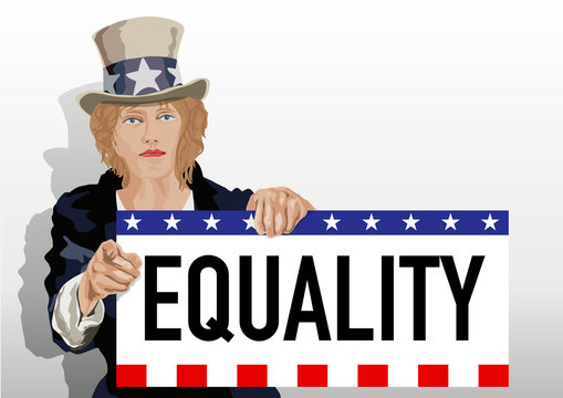 Concept de l’égalité entre les sexes avec une femme dans la tenue de l’Oncle Sam, qui tient une pancarte sur laquelle est écrit le mot égalité.