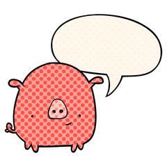 cartoon happy pig and speech bubble in comic book style